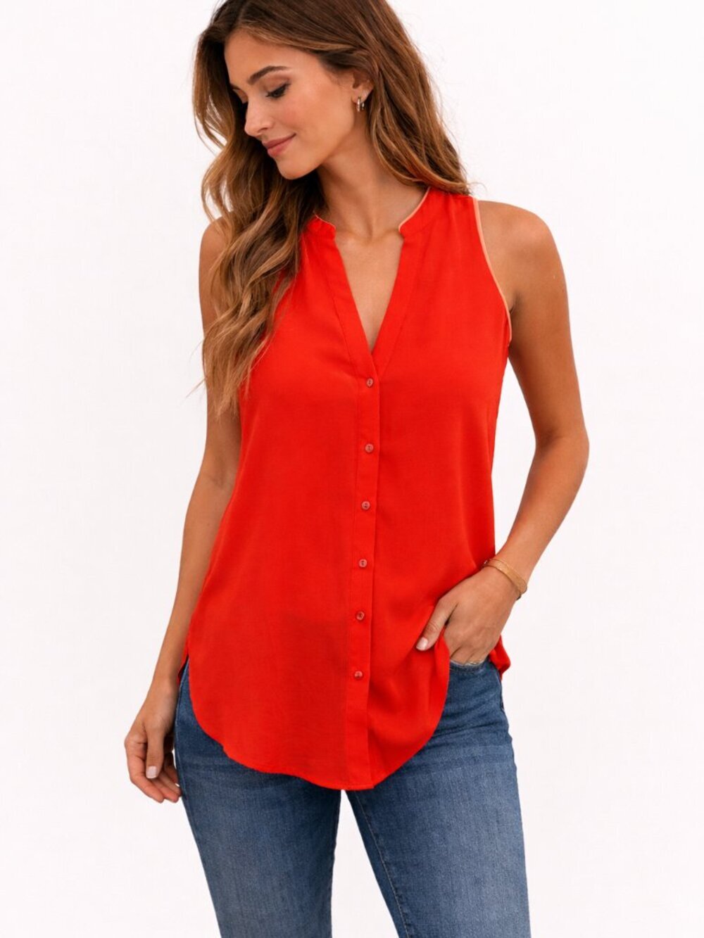 Anthro Maeve Red Sleeveless Blouse 2 Split Neck Button Front Flowy